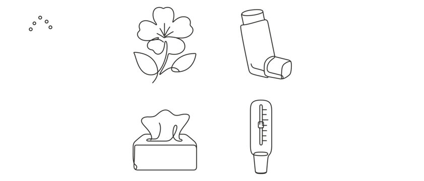 Spring Allergy and Asthma Health Care Vector Icon Set with Editable Stroke. Featuring One Line Flower, Inhaler, Tissue Box, and Peak Flow Meter. Minimalist Respiratory Wellness Collection.