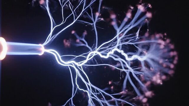 Electrical discharge branching out from a glowing plasma electrode in a dark laboratory environment