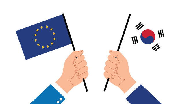 Two hands holding the national flags of the European Union and South Korea representing diplomatic ties and friendship.