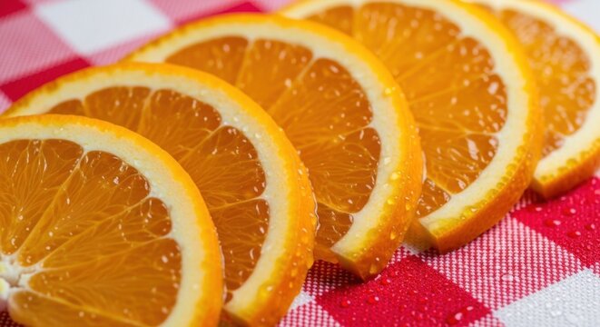 fresh orange slices on red gingham tablecloth close-up natural light