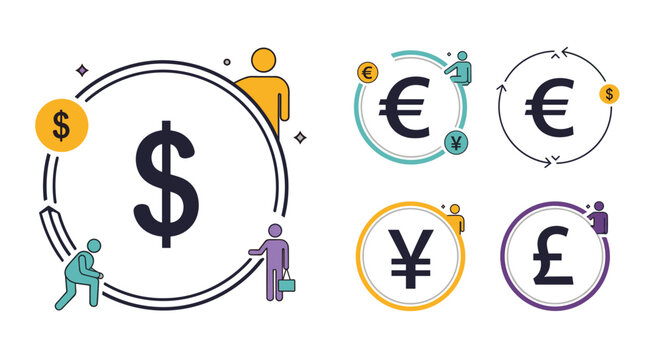Global currency exchange symbols for dollar euro yen and pound are displayed with stylized human figures representing international trade.