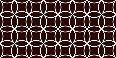 Fototapeta premium ​Dark brown seamless geometric pattern with white interlocking circles. Elegant repetitive luxury motif background for classic interior and textile design.