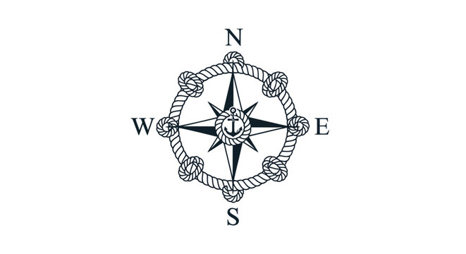 Nautical Compass Rose with Anchor Emblem and Rope Border - Vector Graphic