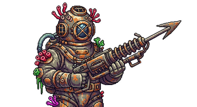 Vintage deep sea diver with harpoon gun illustration.