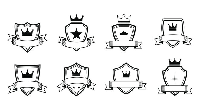 Set of eight classic shield badges features crowns and stars with blank ribbons for various branding and award certification designs.