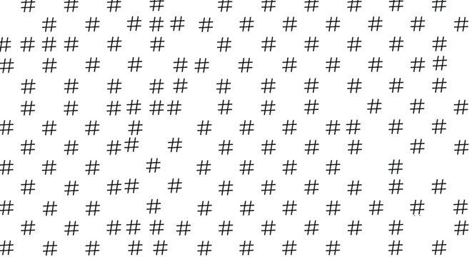 Seamless pattern featuring multiple black hashtag symbols on a white background representing social media trends and digital communication.