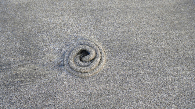 Lugworms make the coiled tubes of sand on a beach.Sand forms a spiral shape on beach during afternoon hours in coastal area