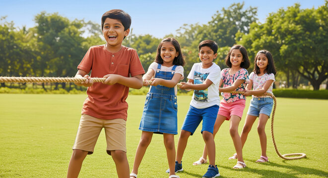 group of happy indian children happily playing tug of war outdoors in a sunny park