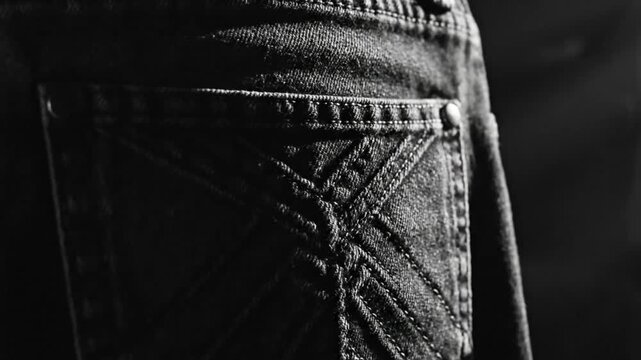 Black and white close-up of dark denim jeans back pocket textured surface under subtle natural light