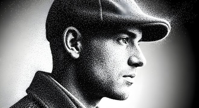 Stylized portrait of a man in a flat cap using grain and particles. Vintage style and stipple art concept. Human face profile rendered with dots and high contrast light.