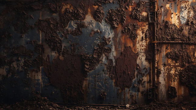 Abstract patterns of aged, severely rusted metal with peeling paint and distressed texture
