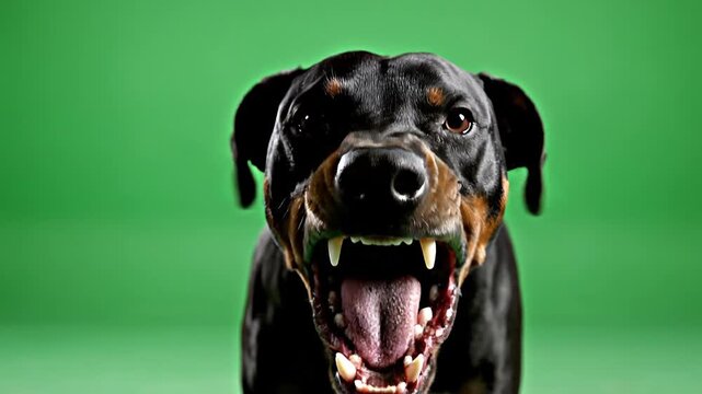 Angry dog barking and showing teeth against green screen