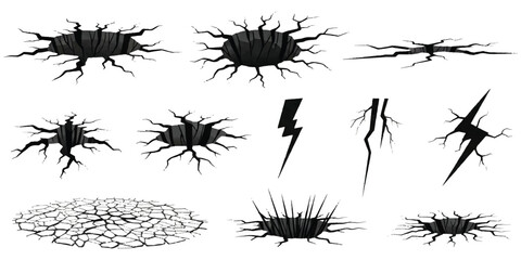 Set of black ground cracks and holes in the earth with lightning bolt and dry soil surface design © vintage style