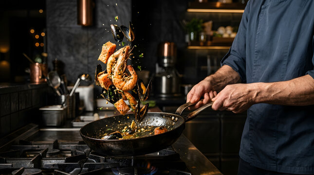Chef tossing seafood in pan