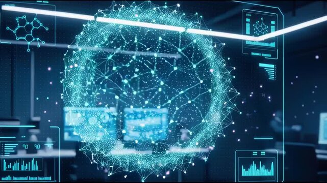 Hand interacting with futuristic data visualization