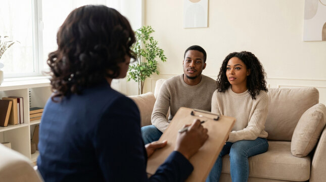 African american psychologist talking with young african american couple during therapy session. Professional counselor holding clipboard and listening to sad clients in clinic office.