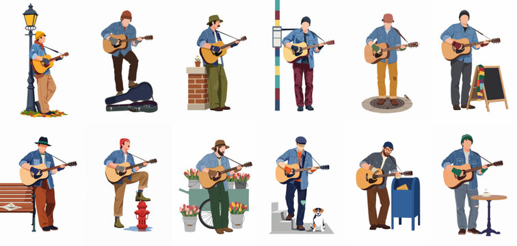 Vector illustration set featuring a male street musician playing acoustic guitar in various urban settings including parks, cafes, and city sidewalks.