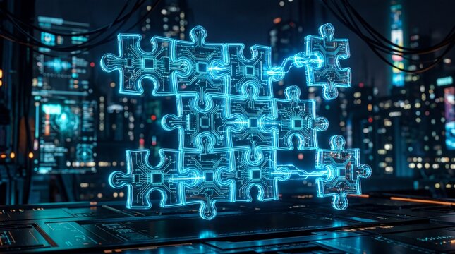 Futuristic puzzle pieces glowing in a digital cityscape.