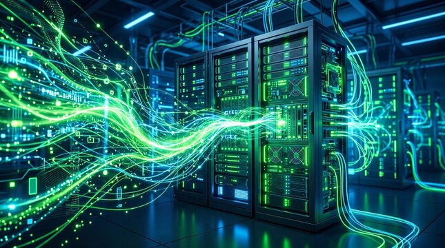 Futuristic server room with glowing cables showcasing advanced data processing.