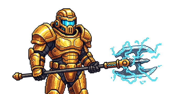 Golden Warrior with Electric Axe Pixel Art.