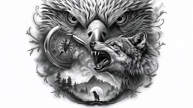 A hyper-realistic black and grey tattoo design of a powerful composition top section features a detailed eagle head with intense eyes, partially merged with a cracked vintage clock showing