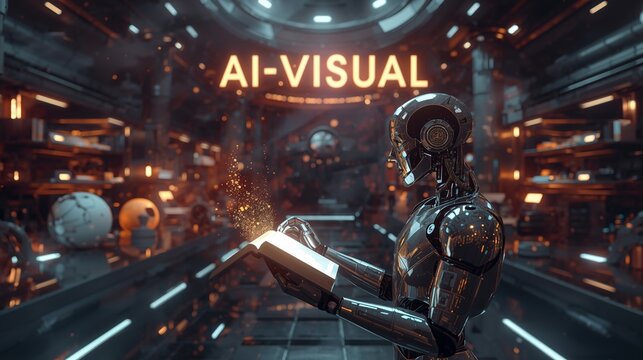 In a vast space filled with glowing nebulae and floating shelves, a sleek silver robot studies a sci-fi book glowing with holographic pages. The environment reflects cosmic light and digital