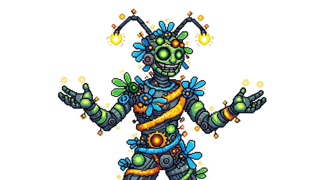 Whimsical Robot Character with Glowing Orbs and Floral Accents.