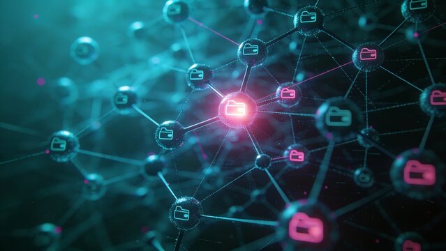 A network of interconnected nodes representing wallets, with certain nodes glowing brighter based on intelligence or profit signals. Neon cyan web-like structure with magenta highlights