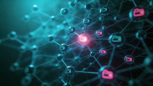 A network of interconnected nodes representing wallets, with certain nodes glowing brighter based on intelligence or profit signals. Neon cyan web-like structure with magenta highlights