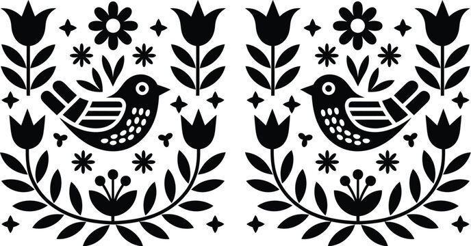 Black and white folk art vector illustration featuring symmetrical birds surrounded by flowers and floral elements in a traditional style.