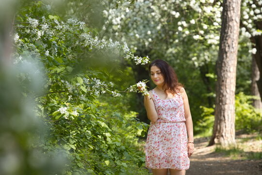 Portrait of a young woman in a spring park. A beautiful woman stands near a blossoming tree. 