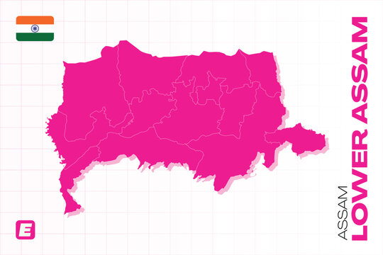 Detailed and editable vector map of Lower Assam division in the Indian state of Assam, ready for Adobe Illustrator projects