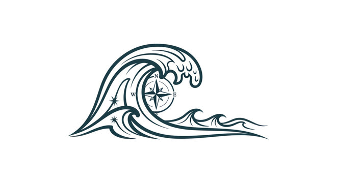 Stylized Ocean Wave with Compass Rose and Stars