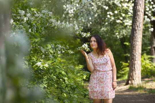 Portrait of a young woman in a spring park. A beautiful woman stands near a blossoming tree. 