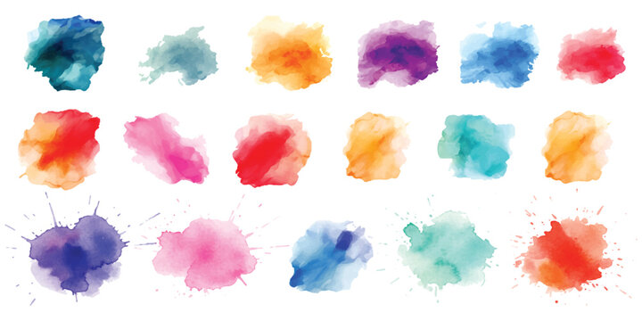 Set of colorful watercolor paint blobs and artistic brush strokes in bright vibrant colors