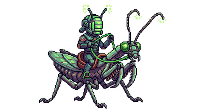 Futuristic Warrior Riding Giant Mechanical Praying Mantis.