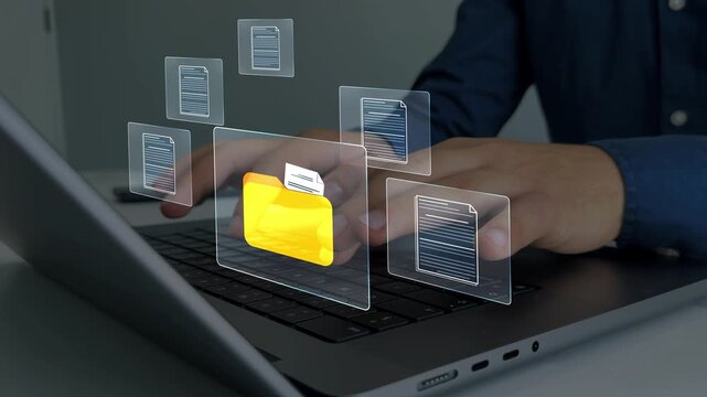 Modern technology concept showing secure storage, easy access and streamlined workflow in a paperless.	Efficient digital document management system for organizing files, archives and data. 