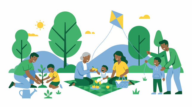 A diverse multi-generational family enjoying various outdoor activities in a sunny park, including planting a tree, having a picnic, and flying a kite.