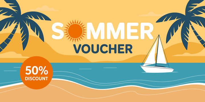 Summer voucher discount offer with sailboat and palm trees on beach scene