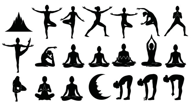 Collection of various yoga poses silhouettes.