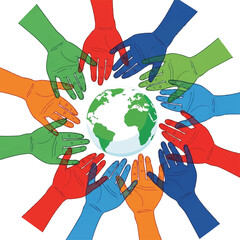 Naklejka premium Colorful Hands Surrounding the Globe Represent Global Unity, Diversity, and Cooperative Action.