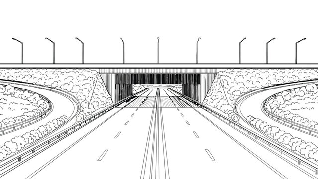 Highway bridge overpass road infrastructure scene black and white line art illustration showing multi lane freeway with curved ramps and urban connectivity.