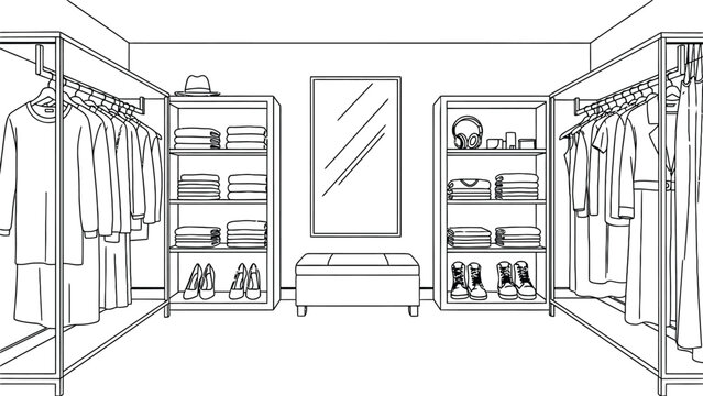 Walk in closet interior line art design modern wardrobe organization system with hanging clothes shelves storage bins and full length mirror home organizer.