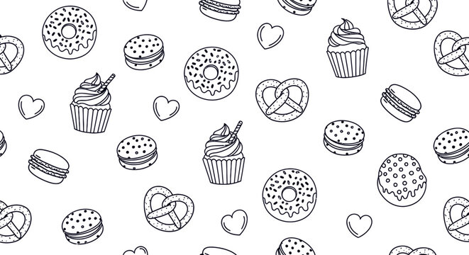 Seamless bakery sweets pattern outline style dessert pastry background design
