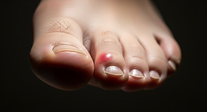 Close-up of an inflamed toe with a visible blister