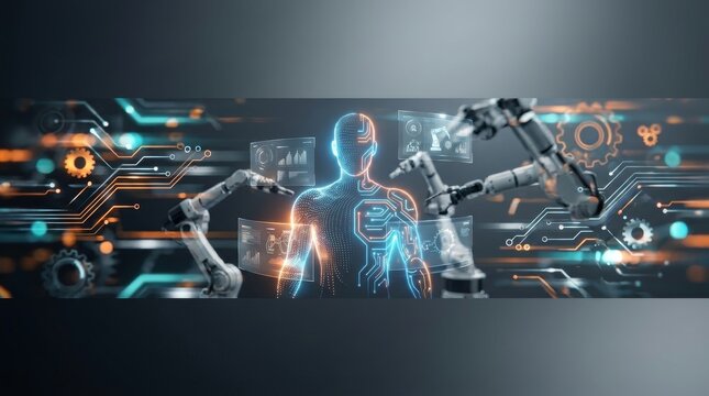 Humanoid robot with glowing circuits and mechanical arms in futuristic background