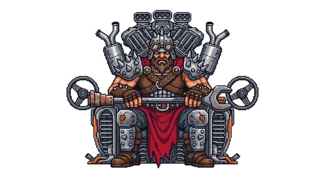Mighty warrior king on a throne made of car parts.