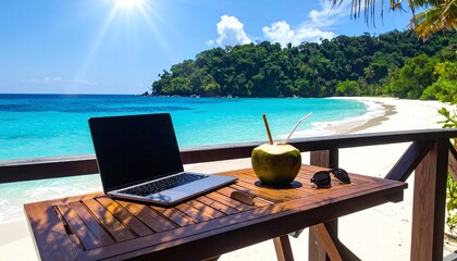 Obraz premium This vibrant shot of a laptop and coconut on a tropical balcony captures the digital nomad dream. Perfect for illustrating remote work, travel freedom, and luxurious office alternatives.