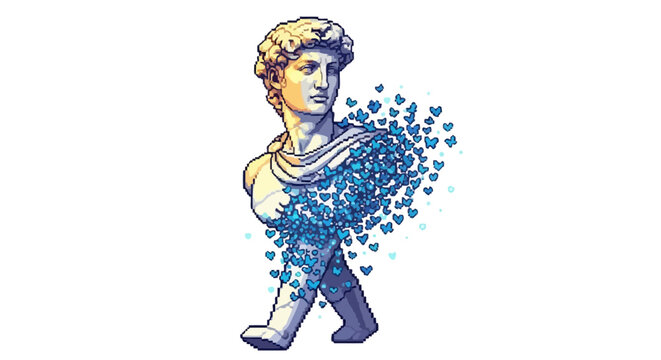 Disintegrating Sculpture of David with Blue Hearts.