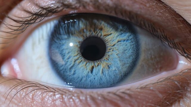 Detailed macro view of a blue human eye with sharp iris pattern, eyelashes and natural skin texture in cinematic lighting.